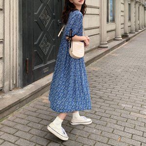 Retro flower round neck lace puff sleeve dress